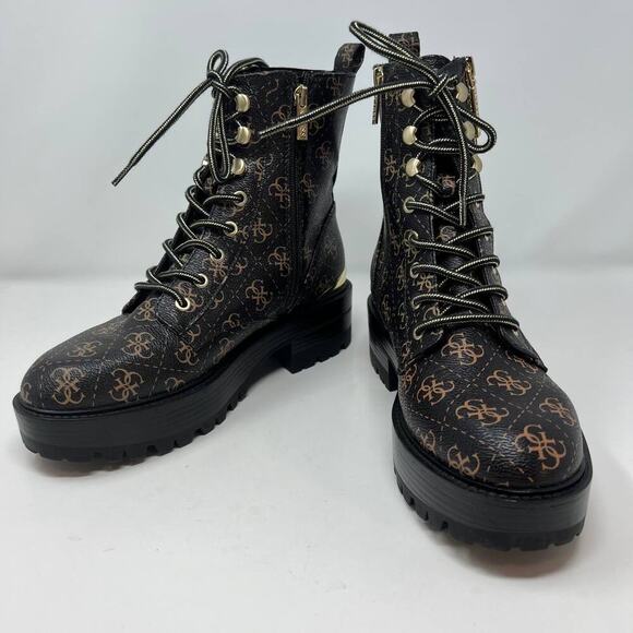 Guess Women's GW Fearne Combat Boots Size 9.5  Black & Gold Chunky Sole - Picture 2 of 15